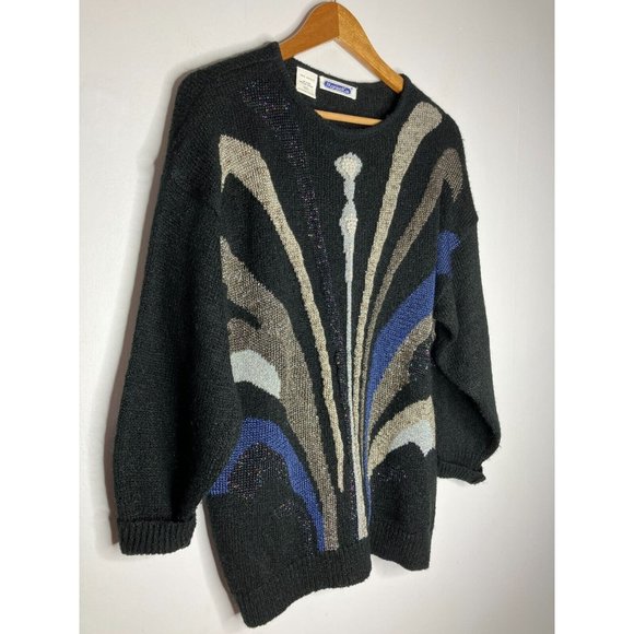 Vintage 80's Mariea Kim Sweater Women's Medium Black Silver New Years - Picture 2 of 9